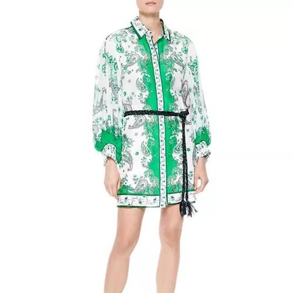 Alice and Olivia Oralia Green Paisley Printed Belt Dress